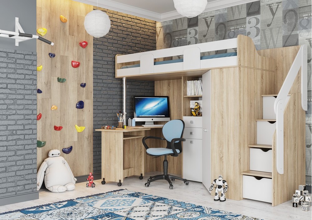 МИЙА 3 (Кровать-чердак) Корпус - Дуб Сонома светлый Фасад ЛДСП - Белый (Шагрень) (7 мест) ГИ306 КАТЕГОРИЯ А