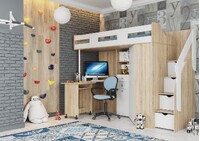 МИЙА 3 (Кровать-чердак) Корпус - Дуб Сонома светлый Фасад ЛДСП - Белый (Шагрень) (7 мест) ГИ306 КАТЕГОРИЯ А