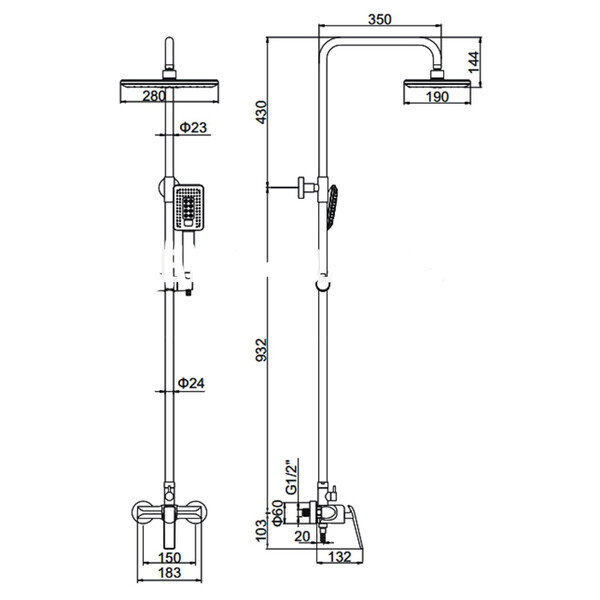 2474В Душевая система LEDEME со смесителем и тропическим душем (черный)