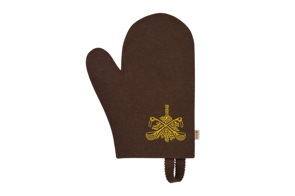 Рукавица коричневая с вышитым логотипом "Банные Штучки", войлок 100% НОВИНКА! (41420)