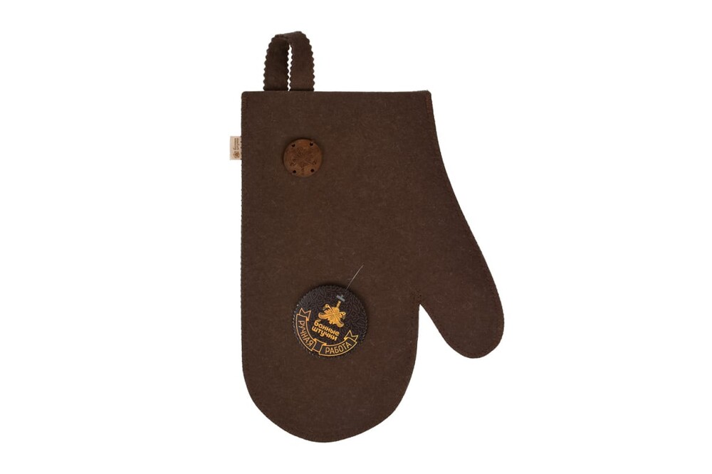 Рукавица коричневая с деревянным логотипом "Банные Штучки", войлок 100% НОВИНКА! (41421)