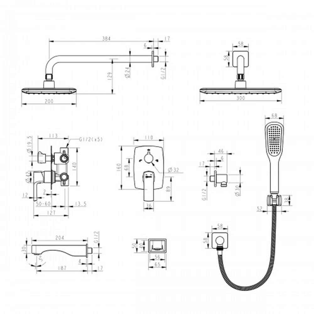 LM7222BL Ursus Смеситель для ванны и душа встраиваемый с дополнительной 1-функц. лейкой, черный LEMARK