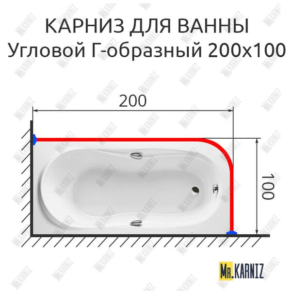 Карниз д/ванной нержавейка Г-обр. 2,0м х 1,0м (труба: 25х1 (мм)