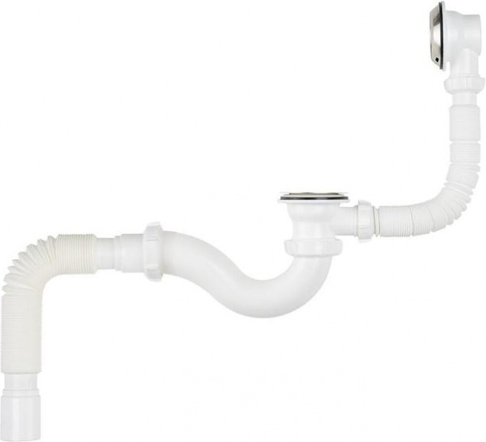 V150-30-MR Сифон для ванны с выпуском и переливом с мет.реш. Aquant с гибкой трубой 40х50 (длина болта 60 мм)