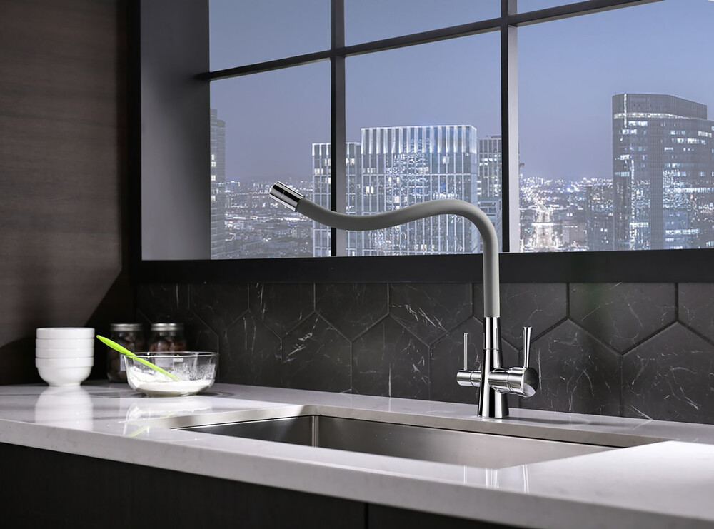 LM3075C-Gray Comfort Смеситель для кухни, с гибким изливом, с подключением к фильтру питьевой воды, хром/серый LEMARK