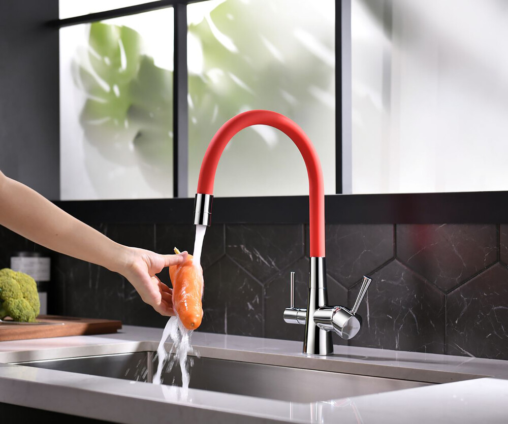 LM3075C-Red Comfort Смеситель для кухни, с гибким изливом, с подключением к фильтру питьевой воды, хром/красный LEMARK
