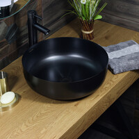 800-400В Фигурный умывальник нерж накладной круглый ЧЁРНАЯ 400B Lake глубина 130 мм MELANA