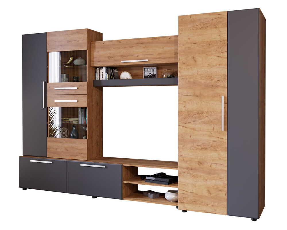 Сафари Стенка Корпус - Дуб Крафт золотой  Фасад МДФ - матовая Графит Софт (7 мест) НХ389 КАТЕГОРИЯ А