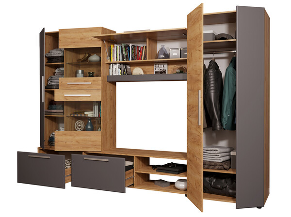 Сафари Стенка Корпус - Дуб Крафт золотой  Фасад МДФ - матовая Графит Софт (7 мест) НХ389 КАТЕГОРИЯ А