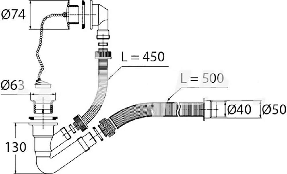 ВП 0651 Сифон для ванн (обвязка) "Элит" 1 1/2"х40, с пласт.реш D=65 мм, с гиб.трубой 40-40/50