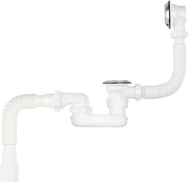 V655-25-MR Сифон для ванны плоск. регулир. 1 1/2"х40 с выпуск., перелив., мет.реш, гибкой трубой 40х40/50