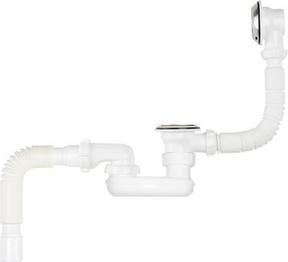 V650-30-MR Сифон для ванны плоский регулир. 1 1/2"х40 с выпуск, перелив., мет.реш, гибкой трубой 40х50