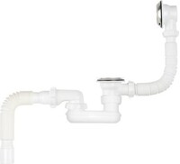 V650-30-MR Сифон для ванны плоский регулир. 1 1/2"х40 с выпуск, перелив., мет.реш, гибкой трубой 40х50