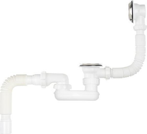 V650-30-MR Сифон для ванны плоский регулир. 1 1/2"х40 с выпуск, перелив., мет.реш, гибкой трубой 40х50