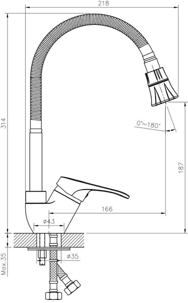 Смеситель Кухня шар d35 гибгий излив, боковой, хром ROSSINKA B35-26