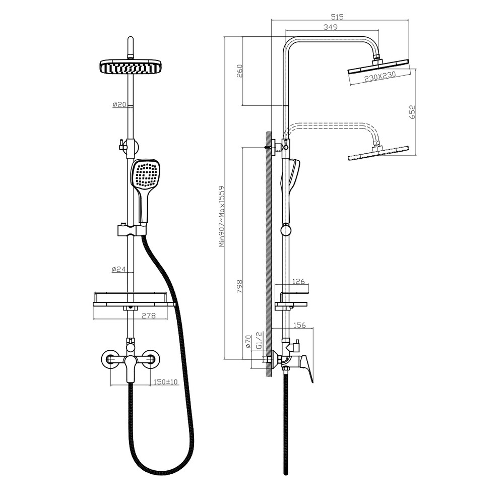 Смеситель Душ шар d35 с душевой стойкой, ручной лейкой, хром ROSSINKA RS29-45