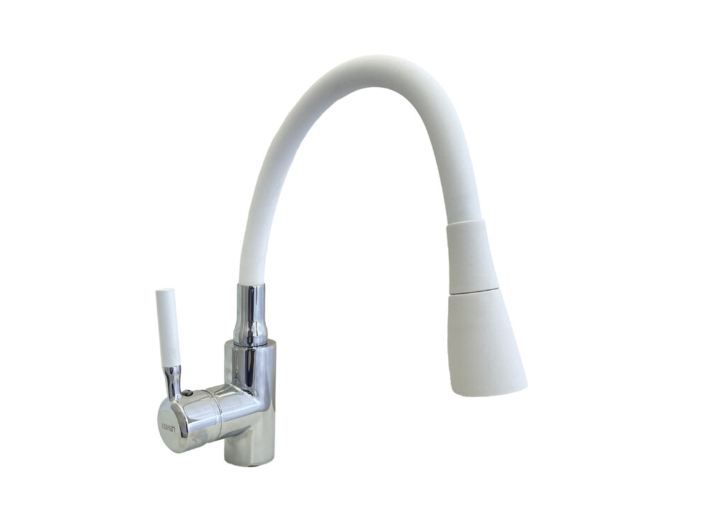 Смеситель Кухня Lemen D35 (белый гибкий излив,лейка-аэратор,гайка,цинк) LA-9022W 