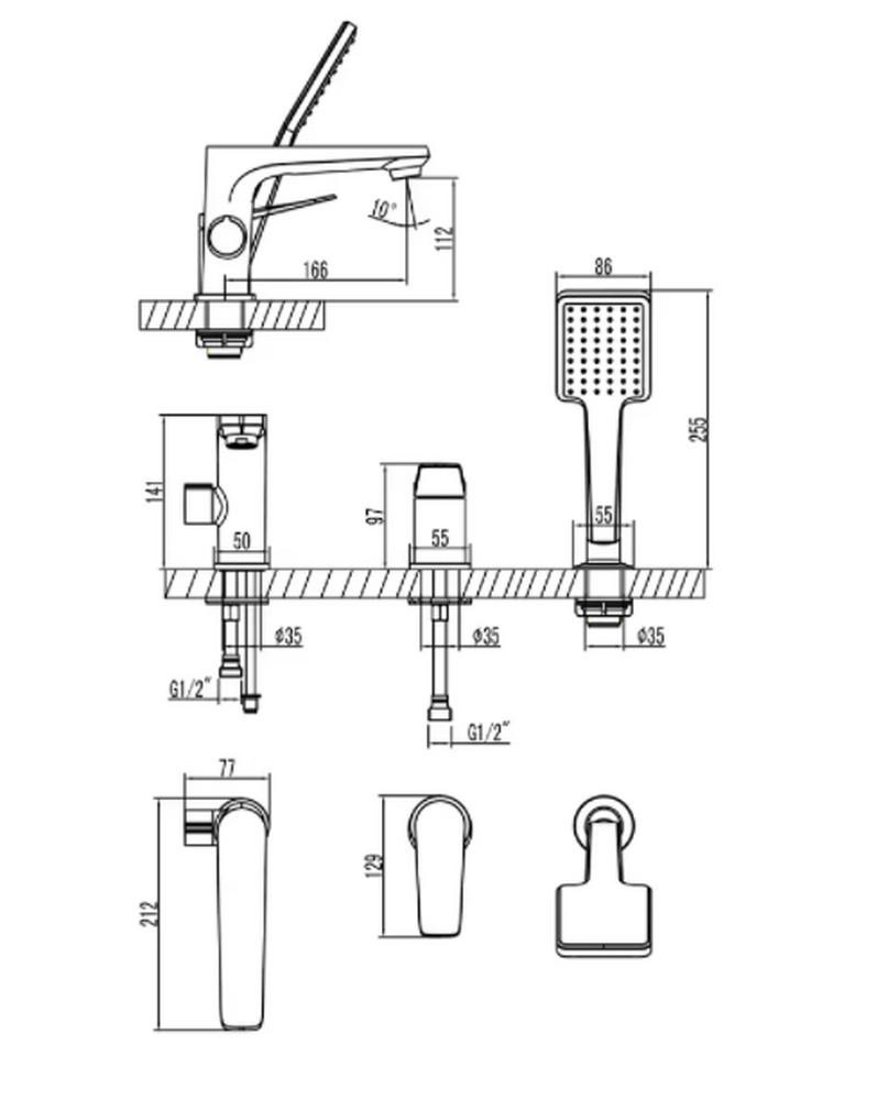 LM3745GM Bronx Смеситель для ванны встраиваемый, на 3 отверстия, с аксессуарами, графит LEMARK