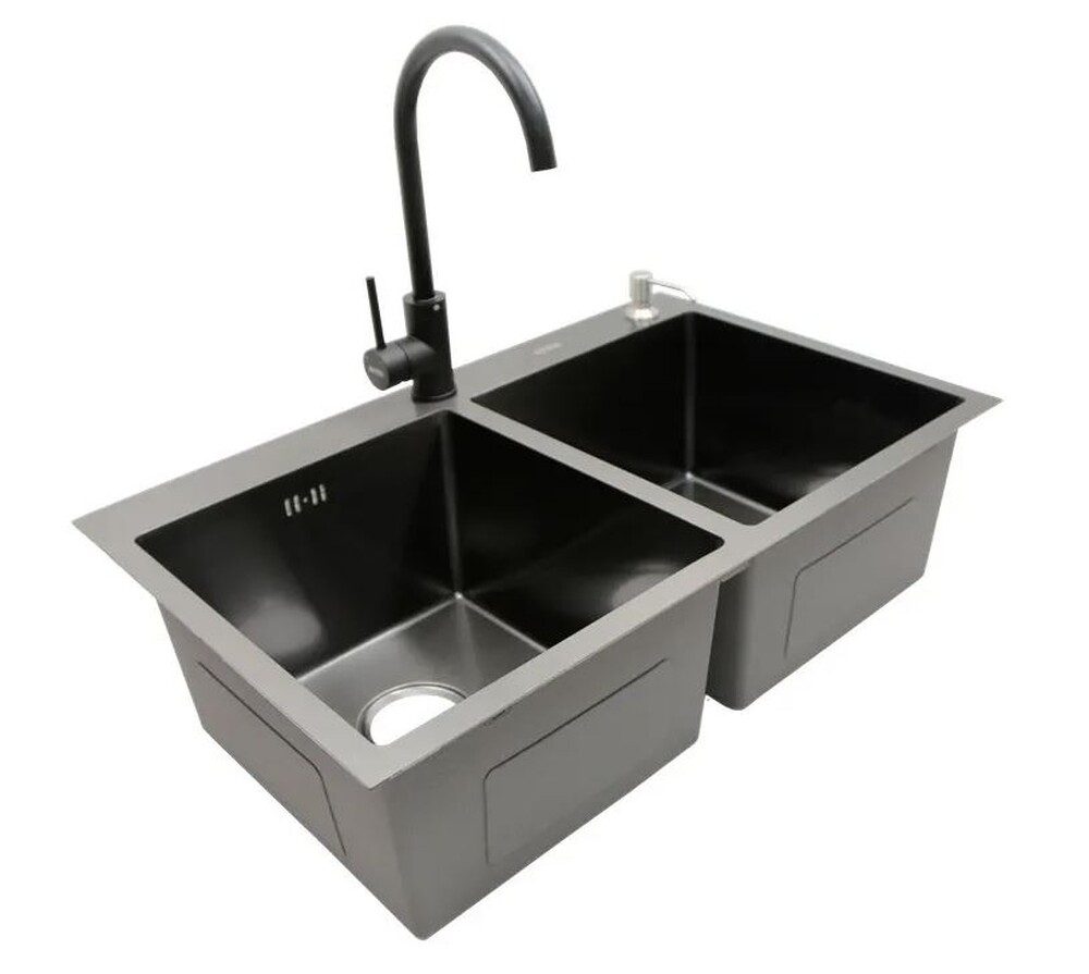 Мойка нерж врезная 780x480х230 т (3,0+1.2mm) черная НМ 7848/2 ДВОЙНАЯ (+ сифон, колландер, дозатор мыла) AISI 304