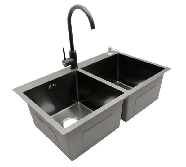 Мойка нерж врезная 780x480х230 т (3,0+1.2mm) черная НМ 7848/2 ДВОЙНАЯ (+ сифон, колландер, дозатор мыла) AISI 304