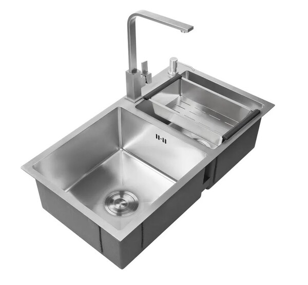 Мойка нерж врезная 780x480х230 т (3,0+1.2mm) сатин НМ 7848/1,5 1,5 чаши (+ сифон, колландер, дозатор мыла) AISI 304 Распродажа!!!