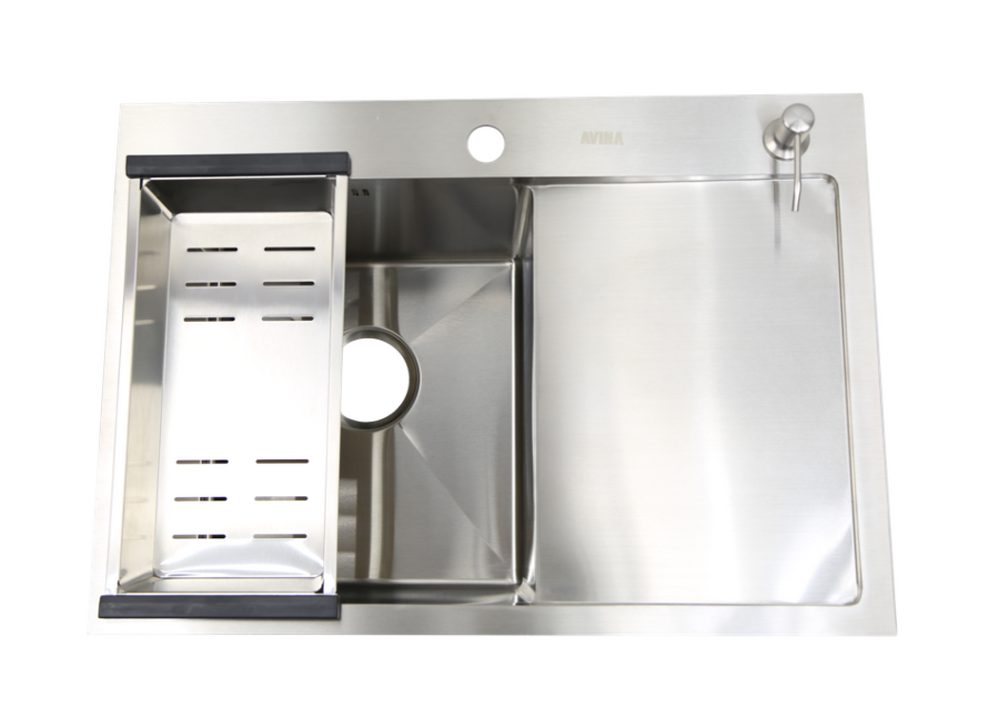 Мойка нерж врезная 680x480х230 т (3,0+1.2mm) сатин НМ 6848 L левая (+ сифон, колландер, дозатор мыла) AISI 304