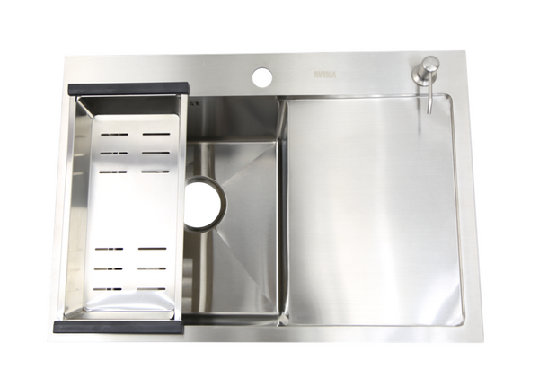 Мойка нерж врезная 680x480х230 т (3,0+1.2mm) сатин НМ 6848 L левая (+ сифон, колландер, дозатор мыла) AISI 304