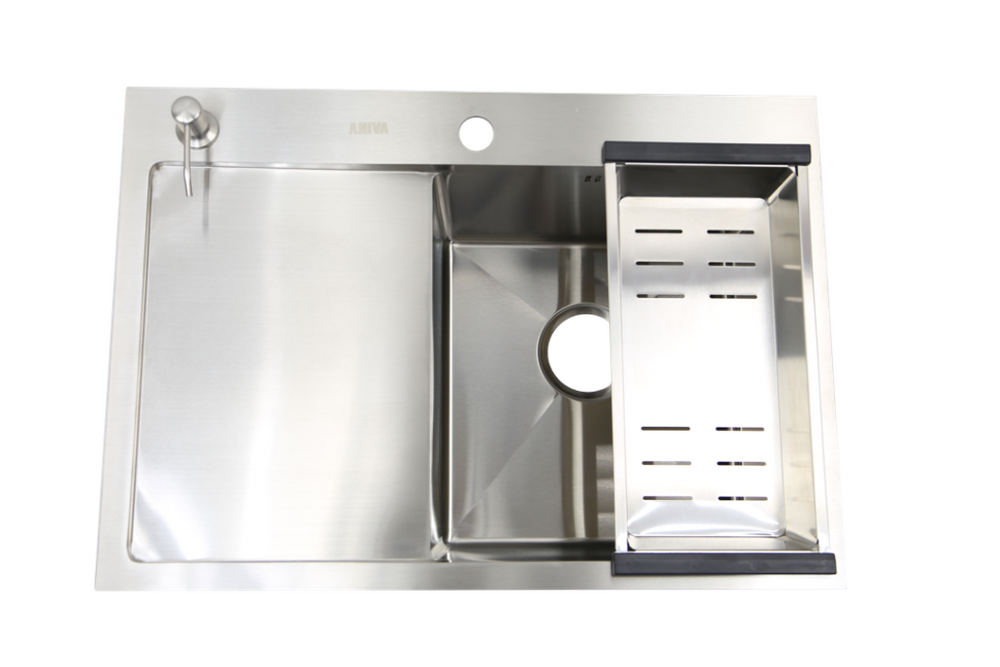 Мойка нерж врезная 680x480х230 т (3,0+1.2mm) сатин НМ 6848 R правая (+ сифон, колландер, дозатор мыла) AISI 304