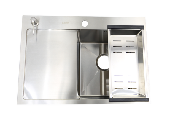 Мойка нерж врезная 680x480х230 т (3,0+1.2mm) сатин НМ 6848 R правая (+ сифон, колландер, дозатор мыла) AISI 304