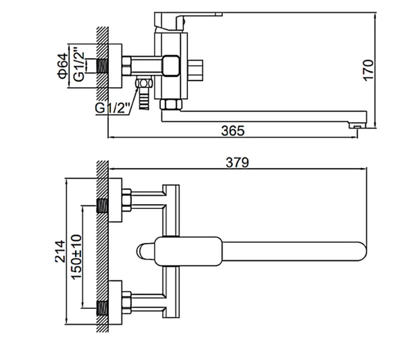 2233B Смеситель Ванна LEDEME шар d35 дл излив (черный)