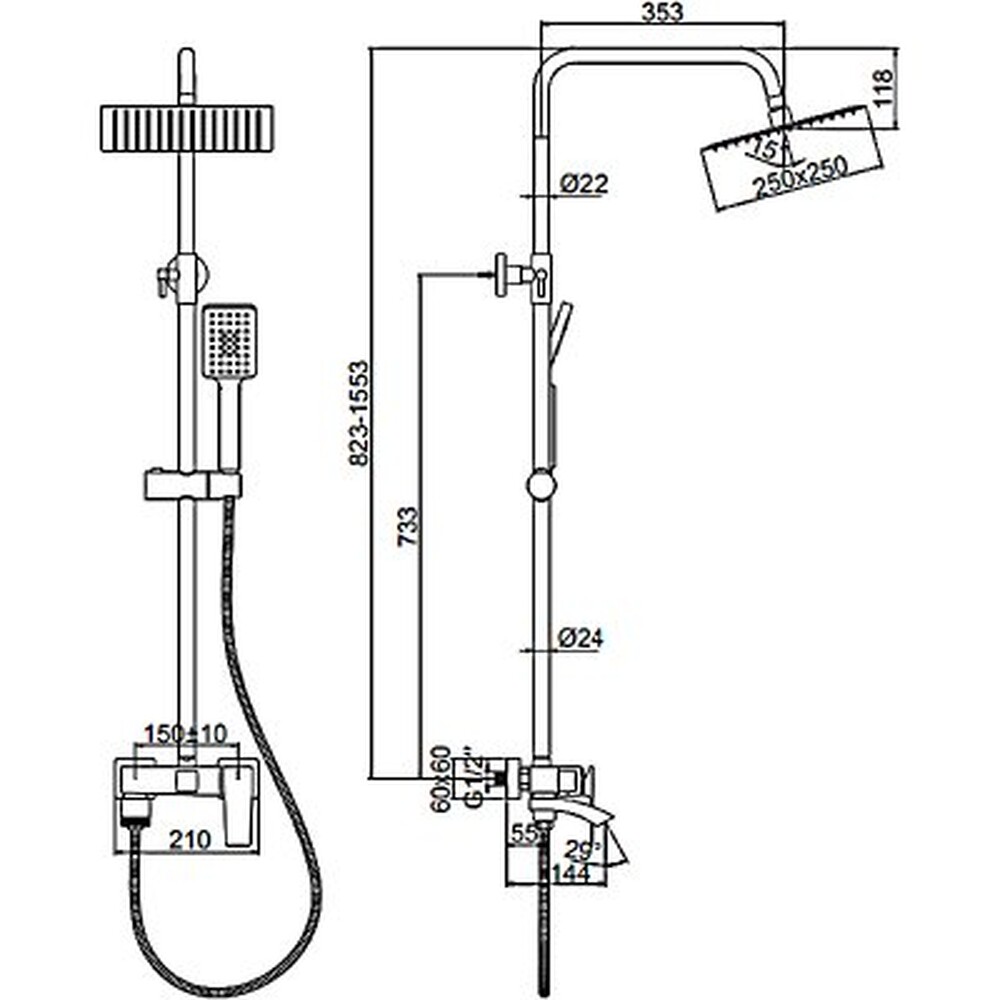 2478B Душевая система LEDEME со смесителем и тропическим душем (черный)