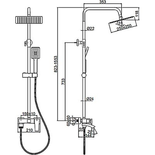 2478B Душевая система LEDEME со смесителем и тропическим душем (черный)