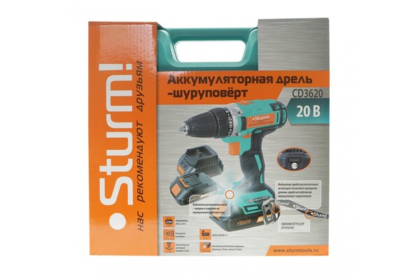 CD3620 Дрель аккумуляторная Sturm!, 20 В, 1BatterySystem, 2 акк., 2,0 Ач, кейс