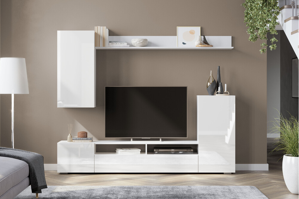 Гостиная "МГС 4" Белый/Белый глянец 2130х1700х346 (4 места)
