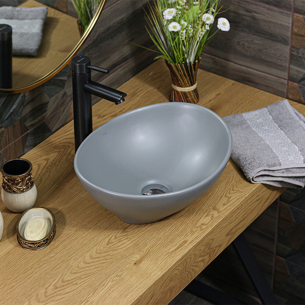 800-7138MG Фигурный умывальник накладной серый матовый овальный 410х330х145 MELANA