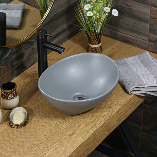 800-7138MG Фигурный умывальник накладной серый матовый овальный 410х330х145 MELANA