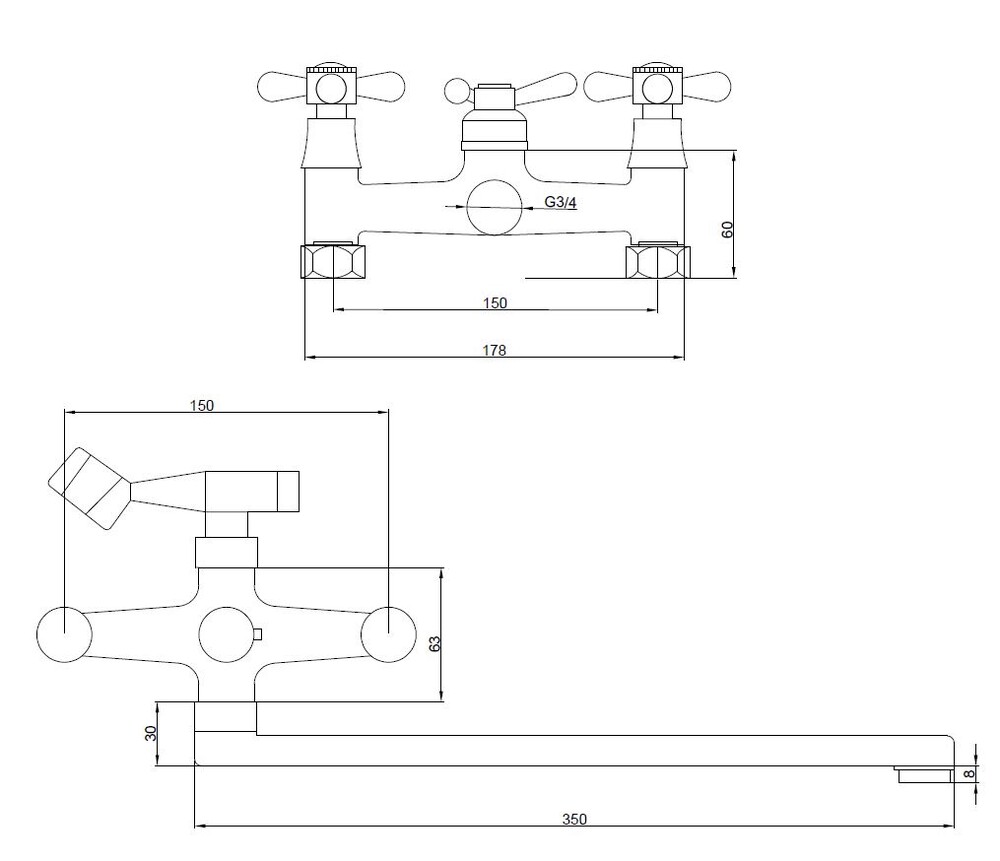Смеситель Ванна SANTREK AQUA-325  "CLASSIC" 1/2 м/к шар. перекл. Крест SL595 длинный плоск нос 