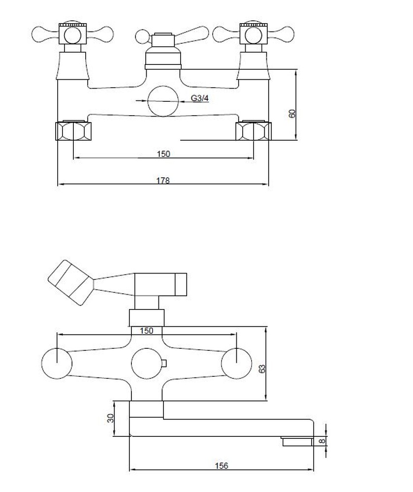Смеситель Ванна SANTREK AQUA-330   "CLASSIC" 1/2 м/к шар. перекл. Крест SL594 кор. поворот. излив (15см)