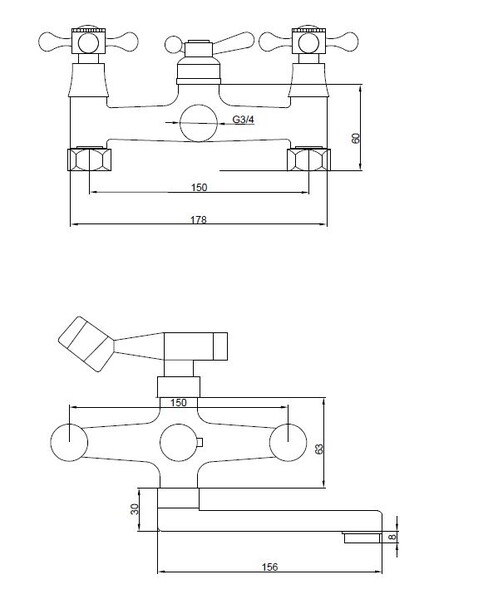 Смеситель Ванна SANTREK AQUA-330   "CLASSIC" 1/2 м/к шар. перекл. Крест SL595 кор. поворот. излив (15см)