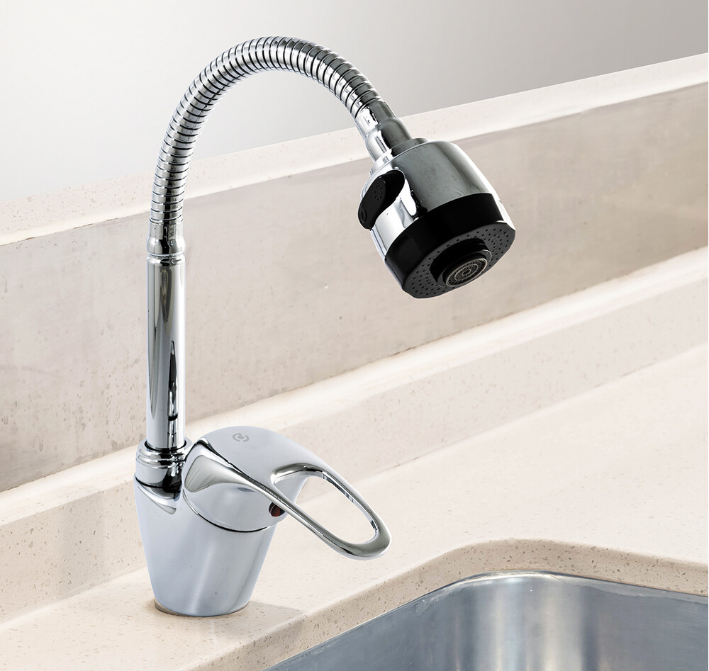 Смеситель Кухня SANTREK AQUA-665  "MODERN" шар.d-40 SB19 гибкий излив (на гайке)