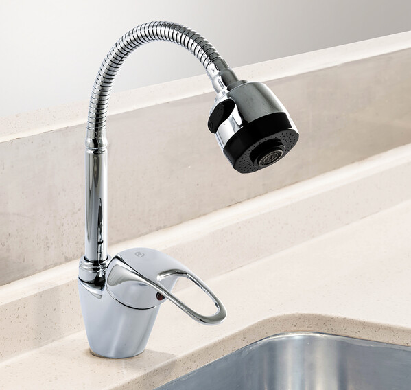 Смеситель Кухня SANTREK AQUA-665  "MODERN" шар.d-40 SB19 гибкий излив (на гайке)