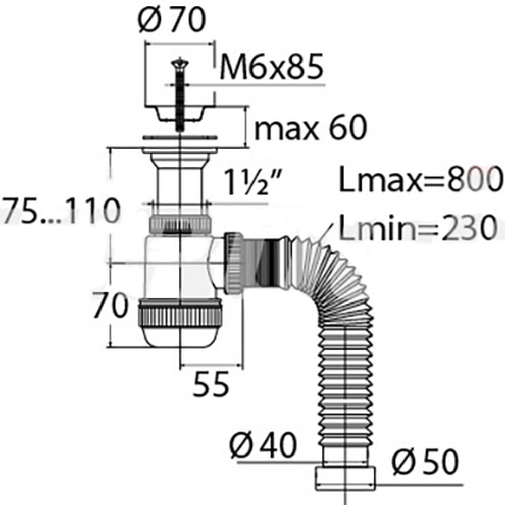 ВП 0676 Сифон "МИНИ Элит" с литым вып., нерж.чашкой и гиб. трубой