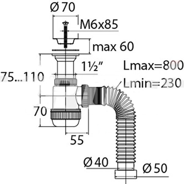 ВП 0676 Сифон "МИНИ Элит" с литым вып., нерж.чашкой и гиб. трубой