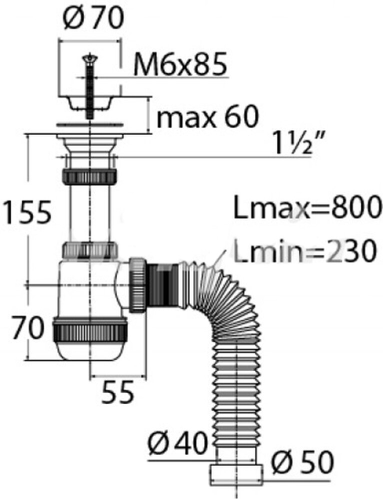 ВП 6760 Сифон "МИНИ Элит" с нерж.чашкой и гиб. трубой