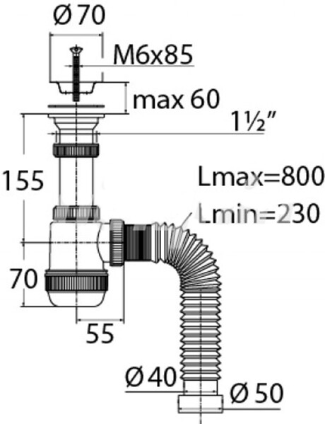 ВП 6760 Сифон "МИНИ Элит" с нерж.чашкой и гиб. трубой