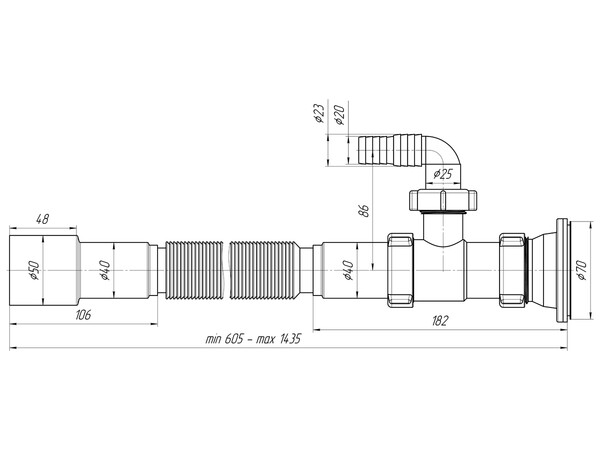 G118 Гофросифон АНИ Пласт 1 1/2"*40/50 удлинённый с отводом для с/м, L648-1488мм