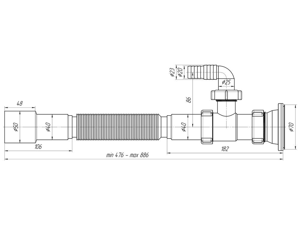 G108 Гофросифон АНИ Пласт 1 1/2"*40/50 с отводом под с/м, L476-886мм