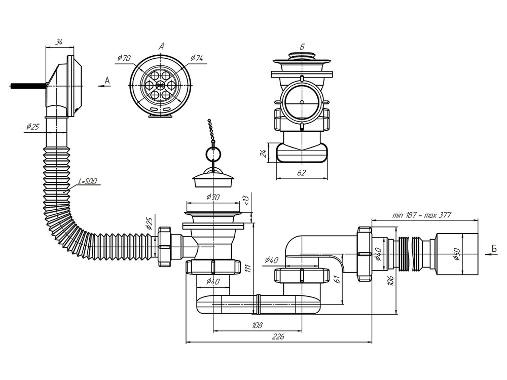 E055 Обвязка д/ванны АНИ Пласт 1 1/2"*40*50 с вып. и перел. плоский с гофрой