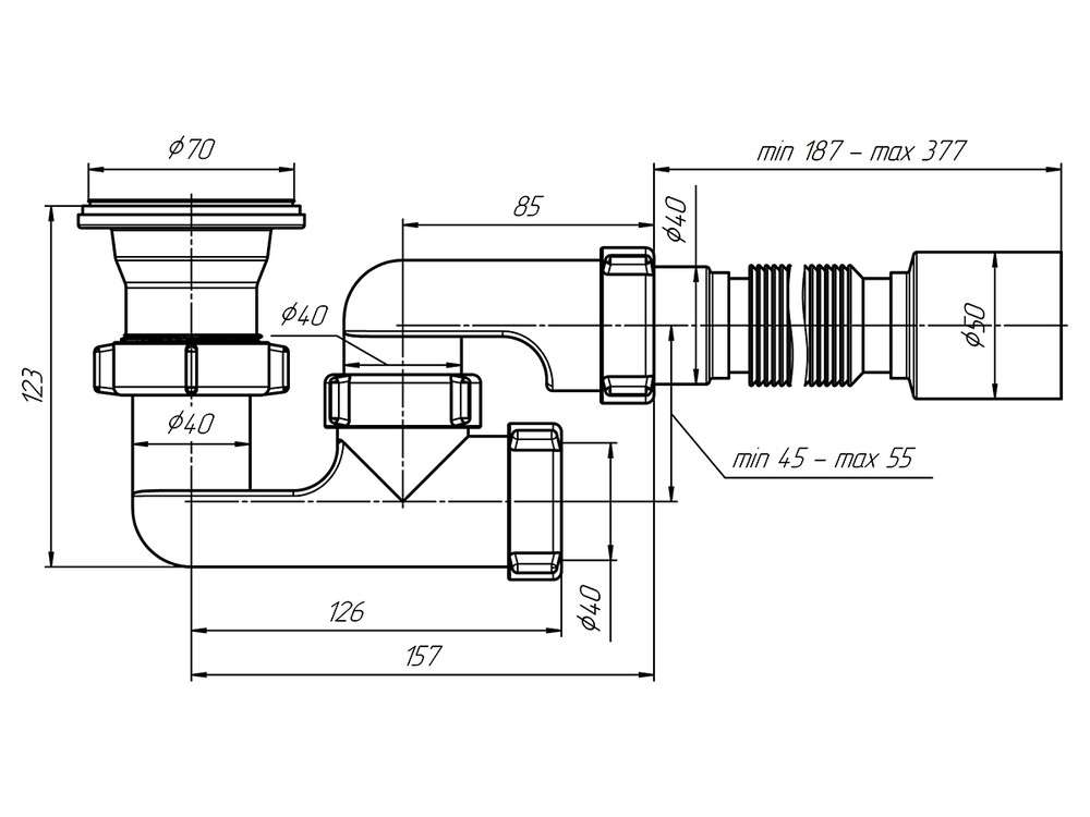 E215 Сифон АНИ Пласт для душ. поддона 1 1/2"*40 регулиремый с гофрой