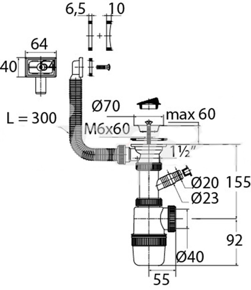 ВП 0615 Сифон "Элит" с нерж.чашкой, переливом и отводом для СМ